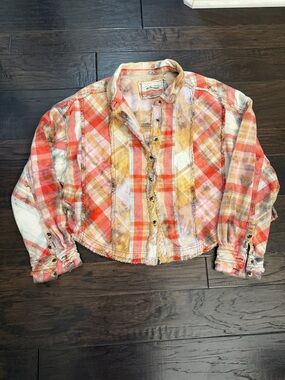 We The Free Plaid Cropped Button-Up in Coral, Yellow & Cream
